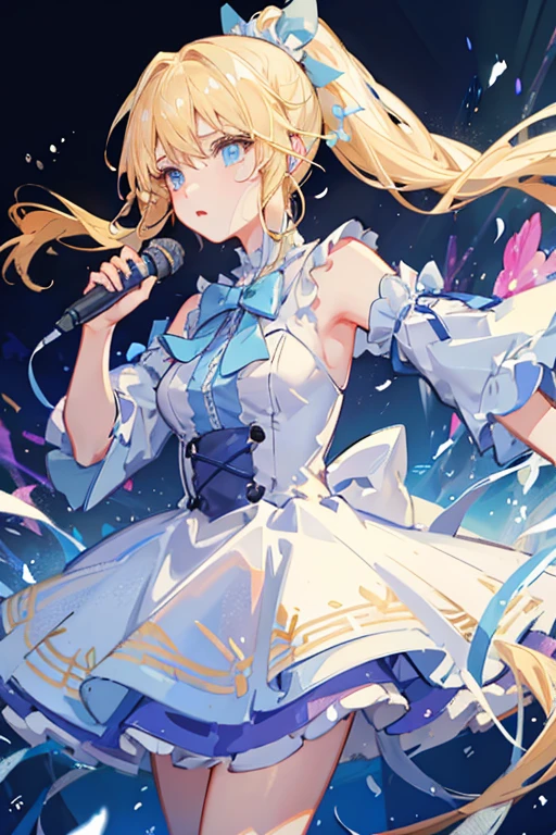 blonde ponytail Light blue ribbon pretty girl light blue dress microphone concert earphone