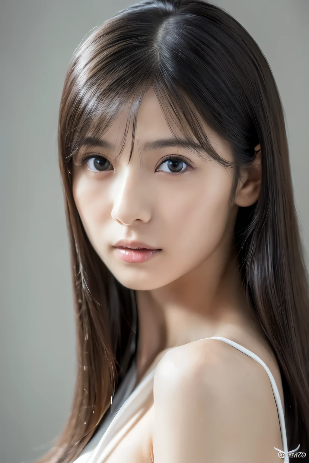 (masterpiece:1.3), (Photorealsitic, Raw photography, top-quality: 1.4), Skinny Japanese woman, 30 years old, (1girl in), (Lifelike face), detailed face, detailed eyes, (A dark-haired, Long hair:1.3), (real looking skin), (silver camisole), Ultra high resolution, A hyper-realistic, high-detail, 