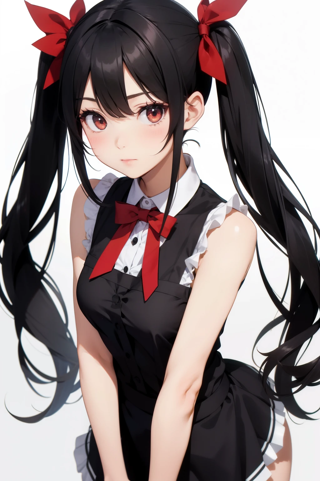 A girl,sleeveless waitress,twintail,black hair,red ribbons,white background