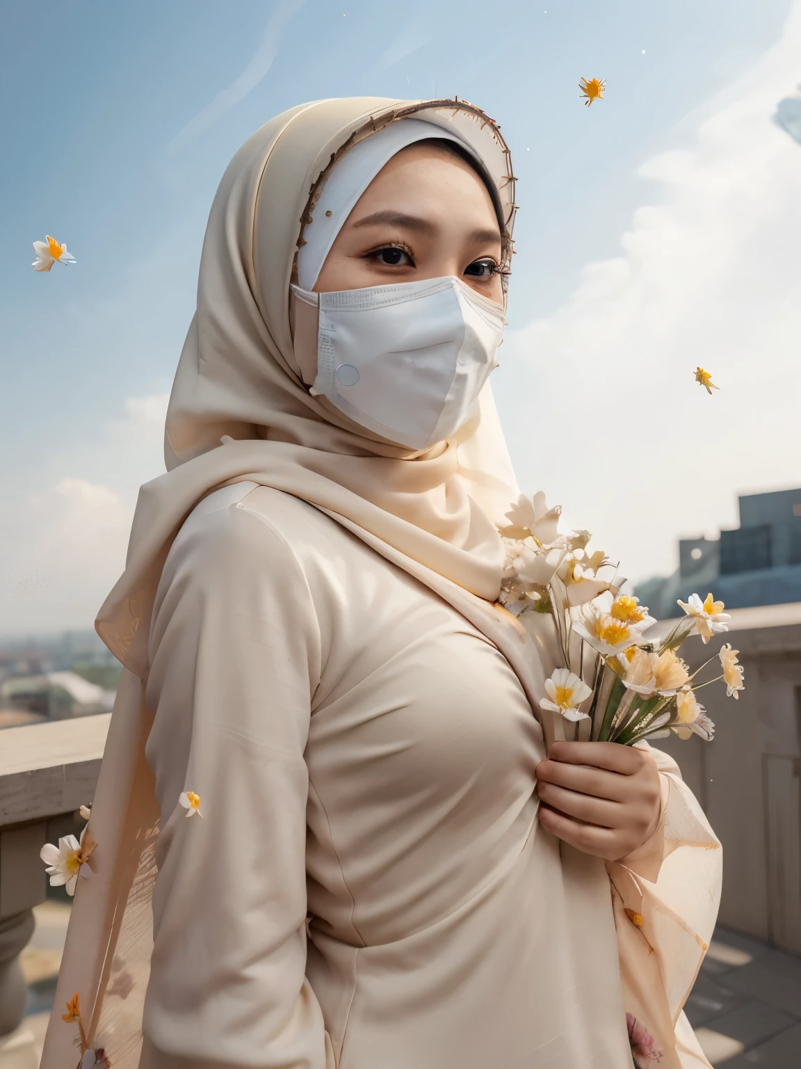 (best quality, masterpiece), 1 malay girl in hijab, user mask mouth, pose, particle, wind, flower, upper body, simple background, looking at viewer, blonde, galaxy,