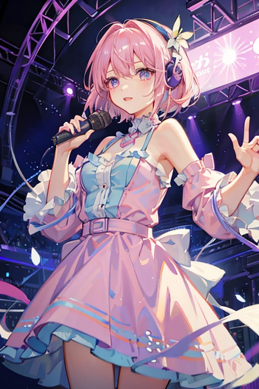 Pink and light blue dreamy hair　Wave Shorthair　Big purple eyes　Dreamy dress　microphone　concert　earphone