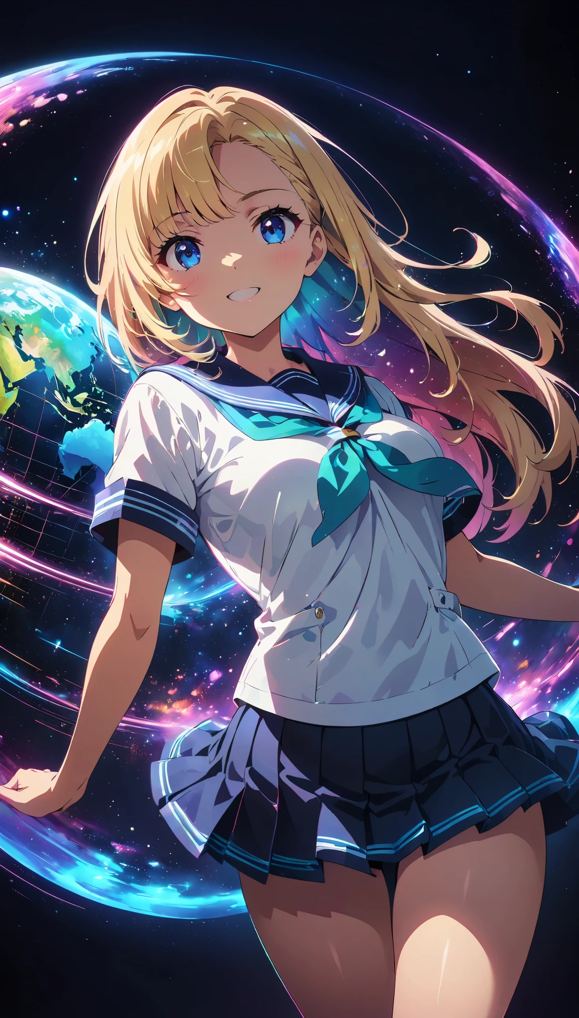 (anime artwork, anime style, studio anime, very detailed, up to date, vibrant, Anime Coloring, high contrast, masterpiece:1.2, best quality, best aesthetics), holography, Neon colorで描く, Digital Art Beautiful Girl, digital space, powerful stroke, high contrast, adrenaline rush, electronic circuit:Neon color, Floating Earth, rich colors, Beautiful Light Lines. magic effect, Sparkling, girl in sailor suit, pleated skirt, A glimpse of thighs, Neon colorの髪, long straight hair, asymmetrical bangs, perfect proportions, high detail skin, Cute, detailed faces, cowboy shot, (((chromatic aberration, abstract background, colorful background))).
