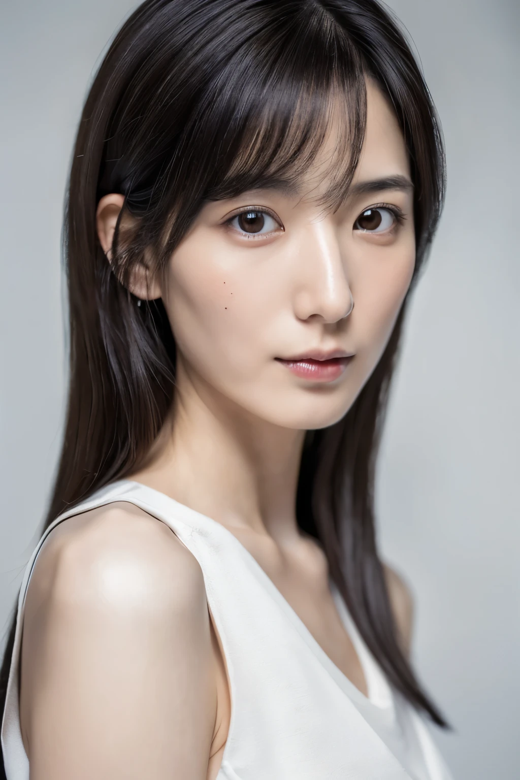 (masterpiece:1.3), (Photorealsitic, Raw photography, top-quality: 1.4), Skinny Japanese woman, 30 years old, (1girl in), (Lifelike face), detailed face, detailed eyes, (A dark-haired, Long hair:1.3), (real looking skin), (silver camisole), Ultra high resolution, A hyper-realistic, high-detail, 