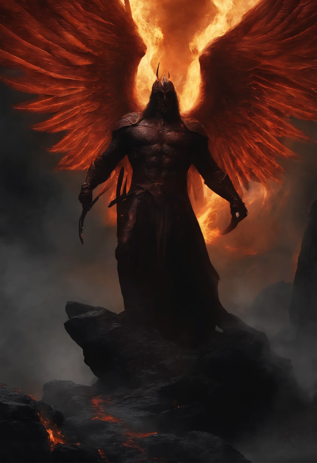 In the final depiction, Lucifer is seen in the harrowing depths of Hell, a realm of despair and eternal torment. This scene is dominated by dark, fiery landscapes, with rivers of lava and jagged mountains that pierce the smoky skies. Lucifer himself is transformed by his fall, his beauty marred by the scars of his rebellion and the weight of his defeat. His wings are now tattered and scorched, symbols of his fallen state. The light that once adorned him is gone, replaced by the eerie glow of hellfire that casts sinister shadows across his visage. His expression is one of rage, despair, and defiance, reflecting the complex emotions of a once-divine being now condemned to the abyss. The surrounding environment is filled with the tormented forms of other fallen angels, emphasizing the consequence of rebellion and the tragic end of Lucifer's journey from grace to damnation.