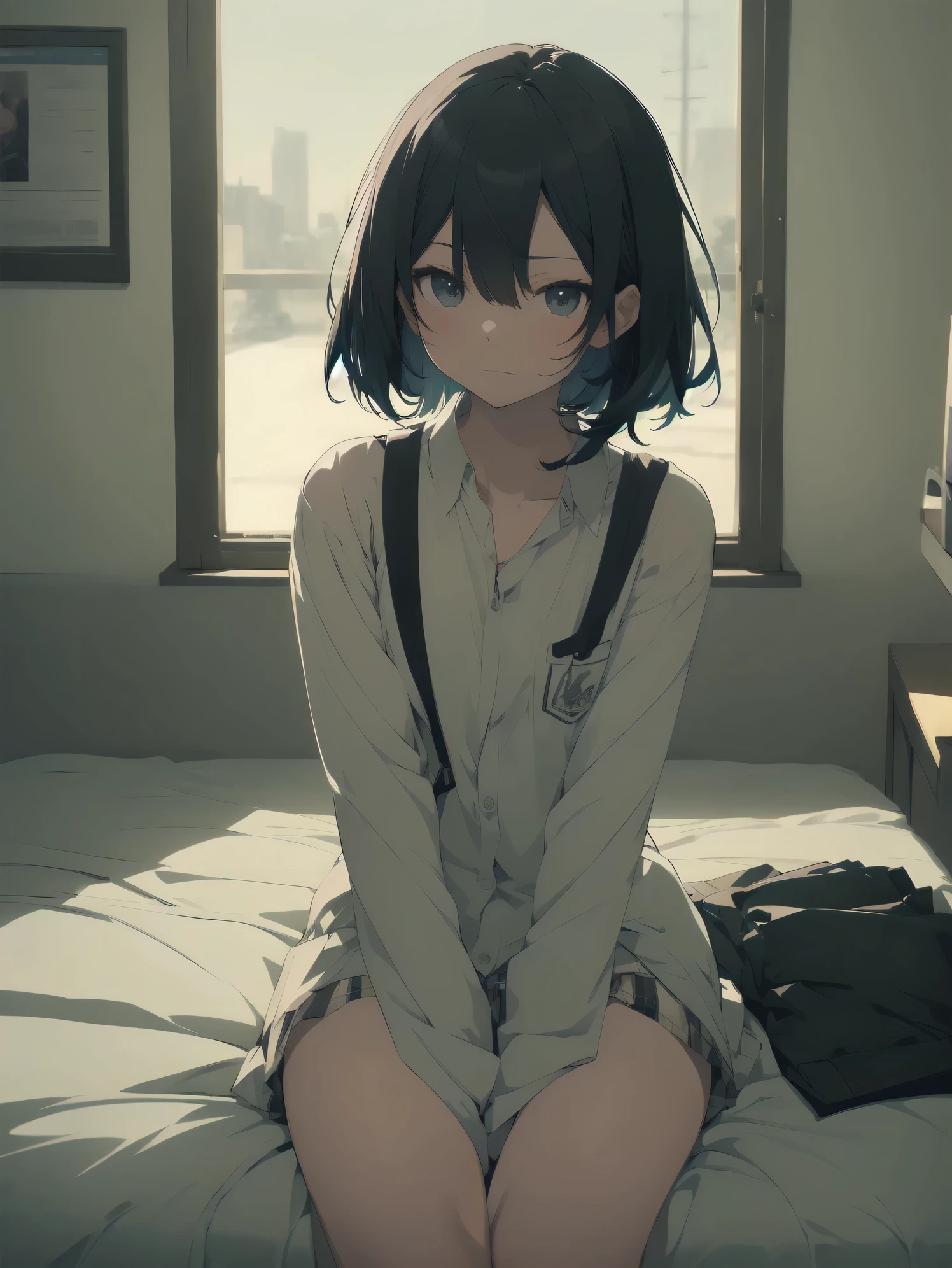 ultra-absurdres-Top quality by artist God, ultra-detailed, high resolution, anime moe artstyle, best anime 8k konachan wallpaper, pixiv contest winner, perfect anatomy,break, 1girl, (Please draw a in heat girl sitting on bed blush. )break,(solo, little female,13-year-old:1.3),Full limbs, complete fingers,a junior high school student, Attractiveness of immature bodies, (very short hair), short cut, flat chest, , small butt, small black eyes, beautiful detailed eyes, well-proportioned iris and pupils, expressive eyes, rutted eyes, highres detailed hair, blush, in heat, school_uniform, white shirt, pleated skirt, sexually suggestive, sexual presenting,(Detailed Lighting), (Detailed background), in the love hotel room. pov,break,super detailed skin, Best cinematic lighting powered by famous artist, 8k,beauty illustration,photoshop_(medium),very aesthetic,break,((artist:fujiyama )), artist:akinashi_yuu ,artist:oyari_ashito ,artist:kantoku ,