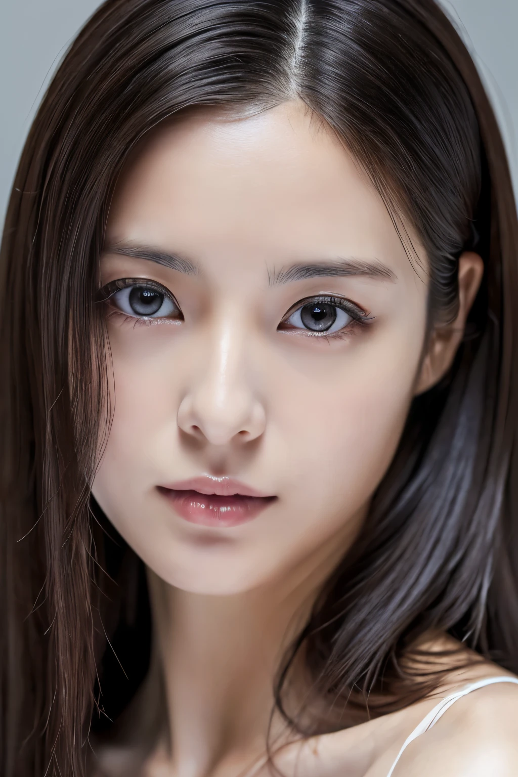 (masterpiece:1.3), (Photorealsitic, Raw photography, top-quality: 1.4), Skinny Japanese woman, 30 years old, (1girl in), (Lifelike face), detailed face, detailed eyes, (A dark-haired, Long hair:1.3), (real looking skin), (silver camisole), Ultra high resolution, A hyper-realistic, high-detail, 