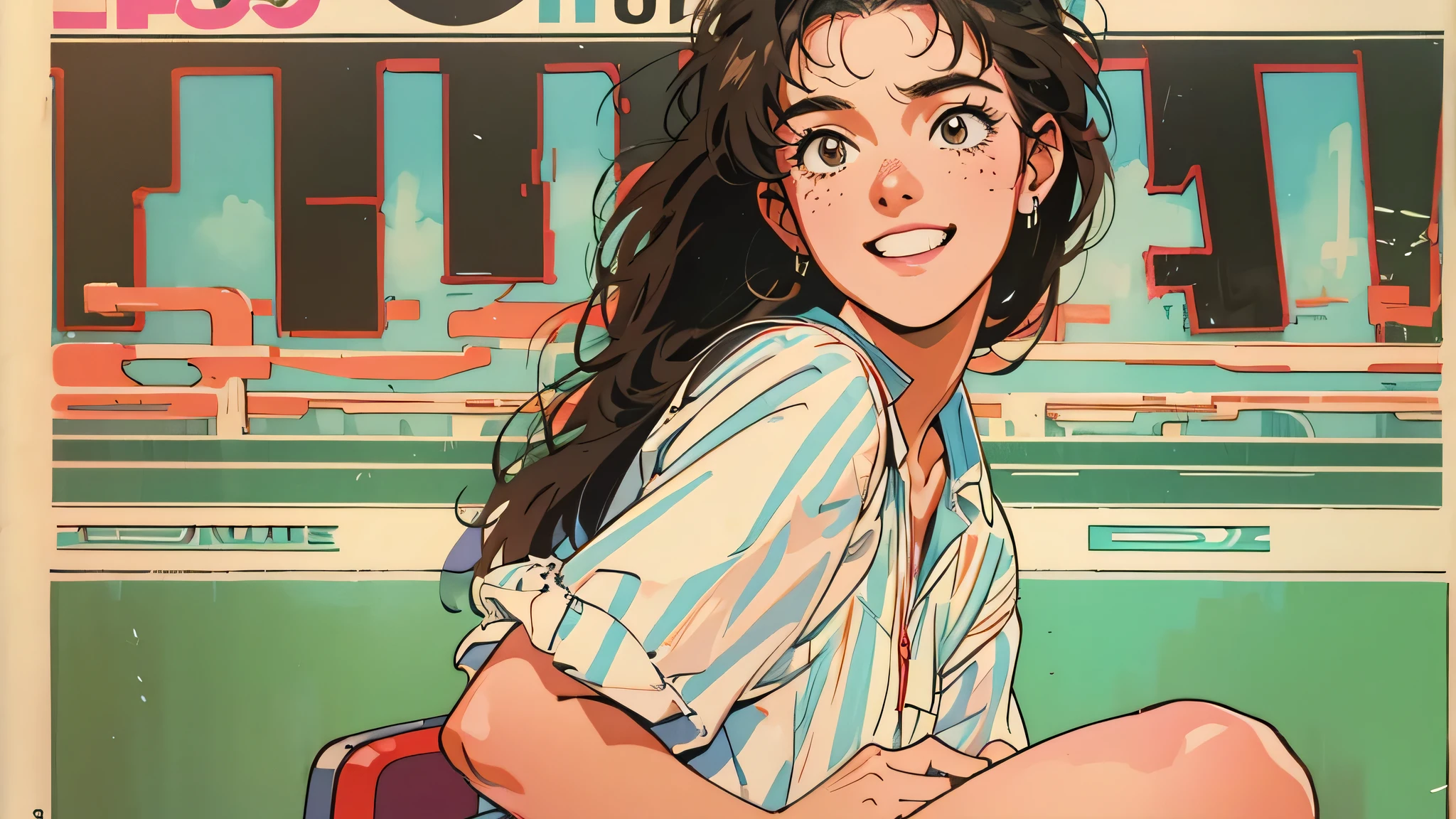 top quality, 8 thousand, 1980s style, 21 year old girl, black hair, long hair, light brown eyes, skin as white as snow, Freckles on the cheeks,  wearing 1980s clothes , white background, style of magazine cover, whole body, Sitting on a school chair, smiling, 