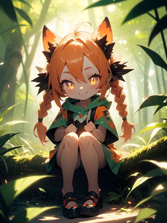 (masterpiece), best quality, warm lighting, looking at viewer, cute red dragon girl, red twin braids, orange eyes, slit pupils, chibi, green tattered dress with a hood, sitting on ground, legs spread, smile, forest,