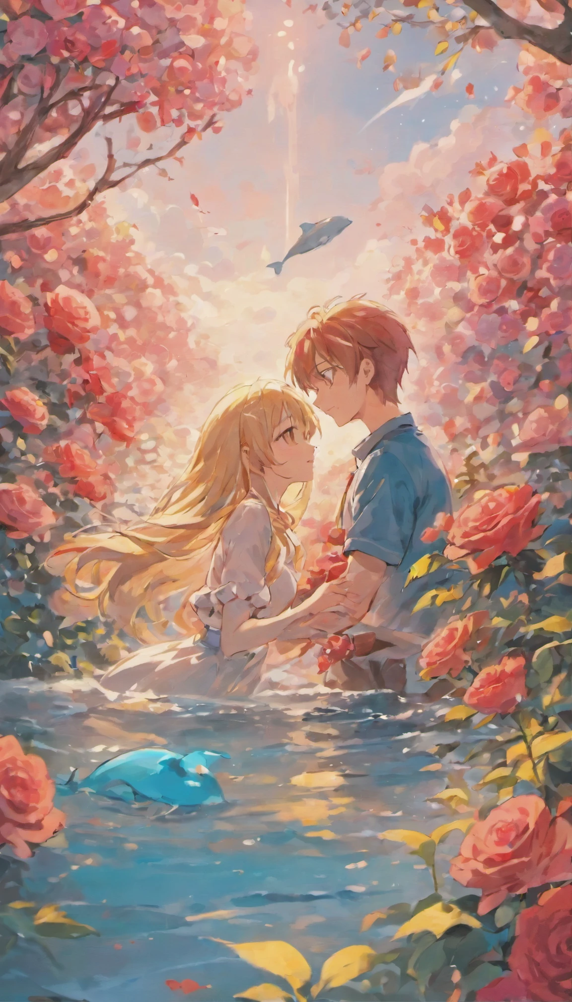 In a romantic atmosphere,couple cuddling,Stroll through the Sea of Roses,There are dolphins flying in the sky、Under the blue sky and white clouds,Feel the romantic theme of Valentine's Day