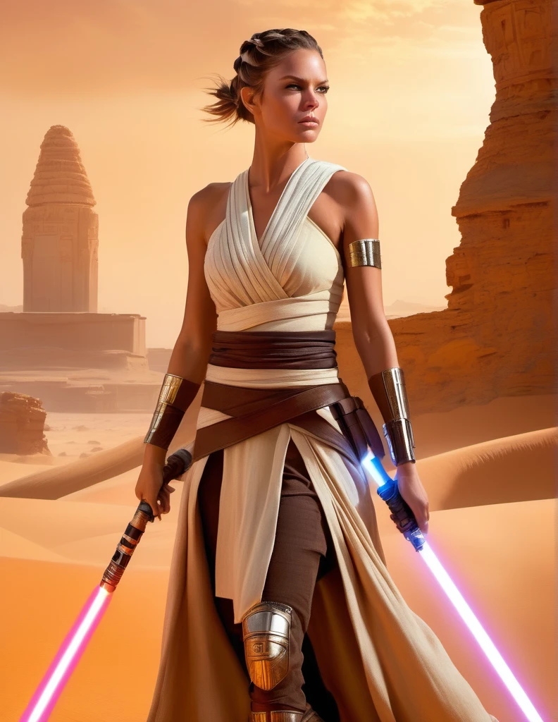 "Create an ultra-realistic and highly detailed photograph of a Jedi warrior, captured in the style of photographer Greg Rutkowski. The portrait frames the Jedi from the waist up, showcasing her fierce and determined pose amidst the desert landscape and ancient temple ruins.

The Jedi, with her straight white hair cut just above her shoulders and a straight fringe framing her face, exudes a sense of fierce determination. Her eyes, a piercing yellow, glint with an intense ferocity, and her fair skin with freckles is accentuated by black markings around each eye, giving her a warrior-like appearance.

Dressed in a Jedi outfit made of black leather with intricate pink details, she stands with a stance of a warrior, ready for battle. Her black leather belt, adorned with small pouches and compartments, holds her lightsaber with a golden hilt and a crimson blade, emitting a vibrant red glow that reflects the fire in her eyes.

The background of the portrait is a desert landscape with ancient temple ruins in stone, blurred to create a sense of urgency and focus on the Jedi warrior herself. The sandy hues of the desert contrast with the dark ruins, adding to the intensity of the scene.

Greg Rutkowski's signature style of photography captures every detail of the Jedi's fierce pose, from the taut muscles in her arms to the determined set of her jaw. The result is a stunningly realistic portrait that invites the viewer to feel the power and determination radiating from the Jedi warrior.

This ultra-realistic illustration brings to life the essence of a Jedi warrior, standing raucously amidst the desolate beauty of the desert, ready to unleash her fury upon any who dare to challenge her."to life the essence of a young Jedi, standing strong and resolute amidst the desolate beauty of the desert, ready to face whatever challenges the galaxy may throw her way."