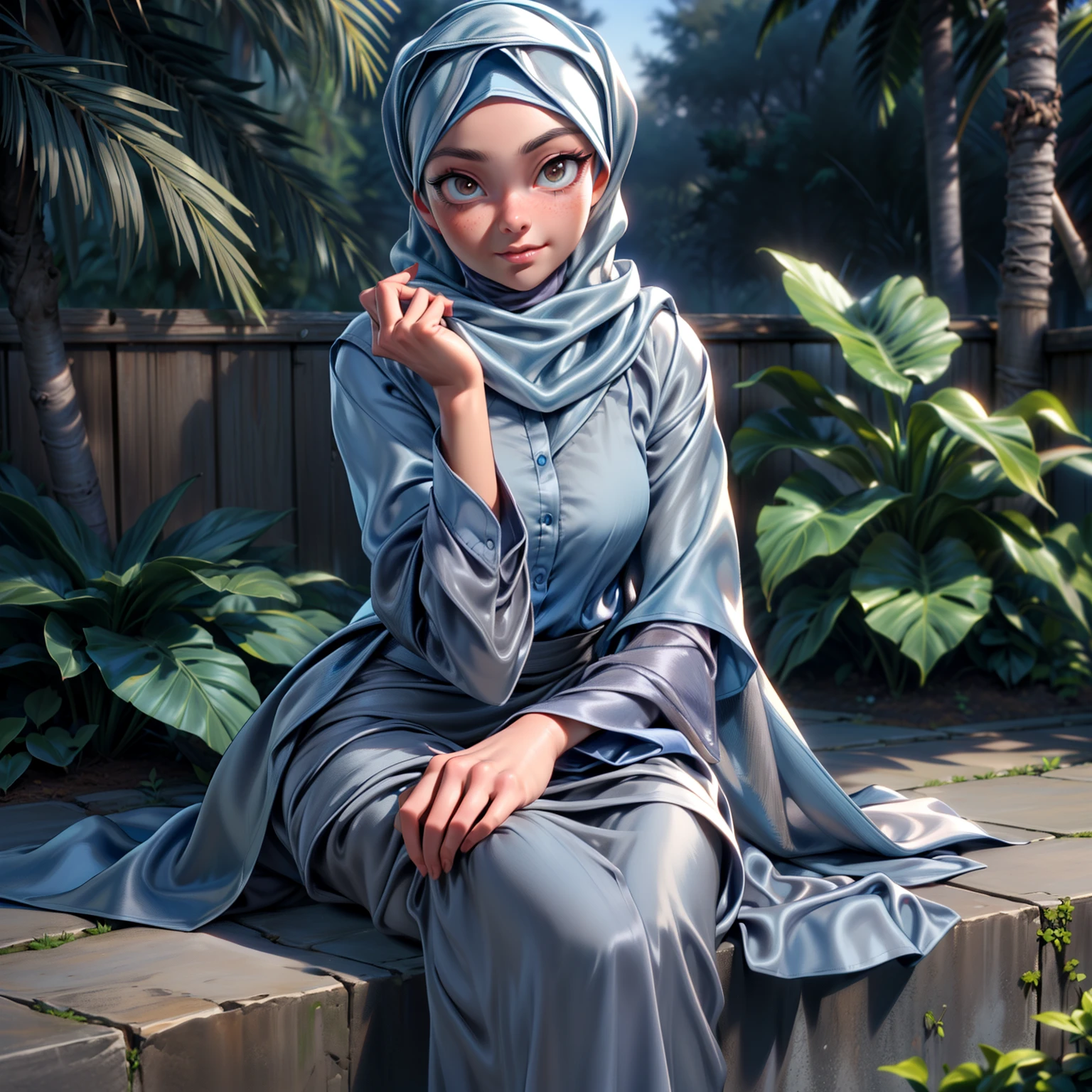 3dmm style, ((Masterpiece, best quality, photography, detailed skin, realistic, photo-realistic, 3D Character Design, pixar, real cartoon, High detail RAW colour art, diffused soft lighting, shallow depth of field, sharp focus, hyperrealism, cinematic lighting, ((close up)) hijab, a turkish lady, beautifully makeup, brown beautiful big eyes, long eye lashes, wearing ((Gray satin hijab)), loosely tide hijab style, ((blue satin shirt)), satin long maxi skirt, sitting in the garden, outdoors