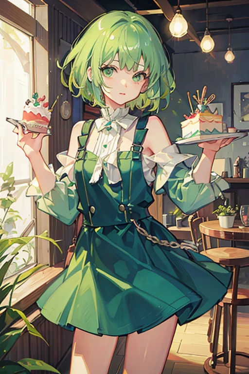 green hair short hair Big green eyes petite girl blue clothes birthday cake