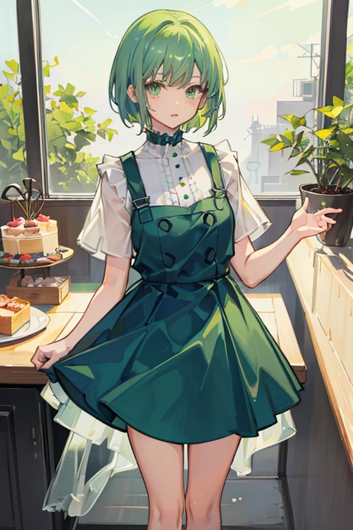green hair short hair Big green eyes petite girl blue clothes birthday cake