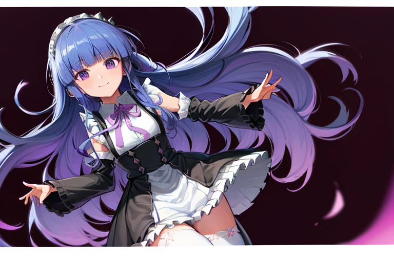 UHD, high details, (furude rika), long hair, blue hair, purple eyes, apron, black ribbon, black skirt, black sleeves, detached collar, detached sleeves, flower, frilled apron, frilled skirt, frills, head wreath, long sleeves, maid, miniskirt, neck ribbon, purple ribbon, ribbon, ribbon trim, ribbon-trimmed sleeves, roswaal mansion maid uniform, skirt, thighhighs, waist apron, white apron, white thighhighs, big head ,smile