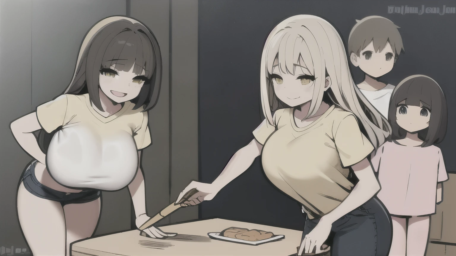 Girl, duo, 18 years old, long brown hairs, huge tits, huge ass, full body, full image, light smile, open eyes, yellow eyes, black t-shirt, jeans, cooking with brother