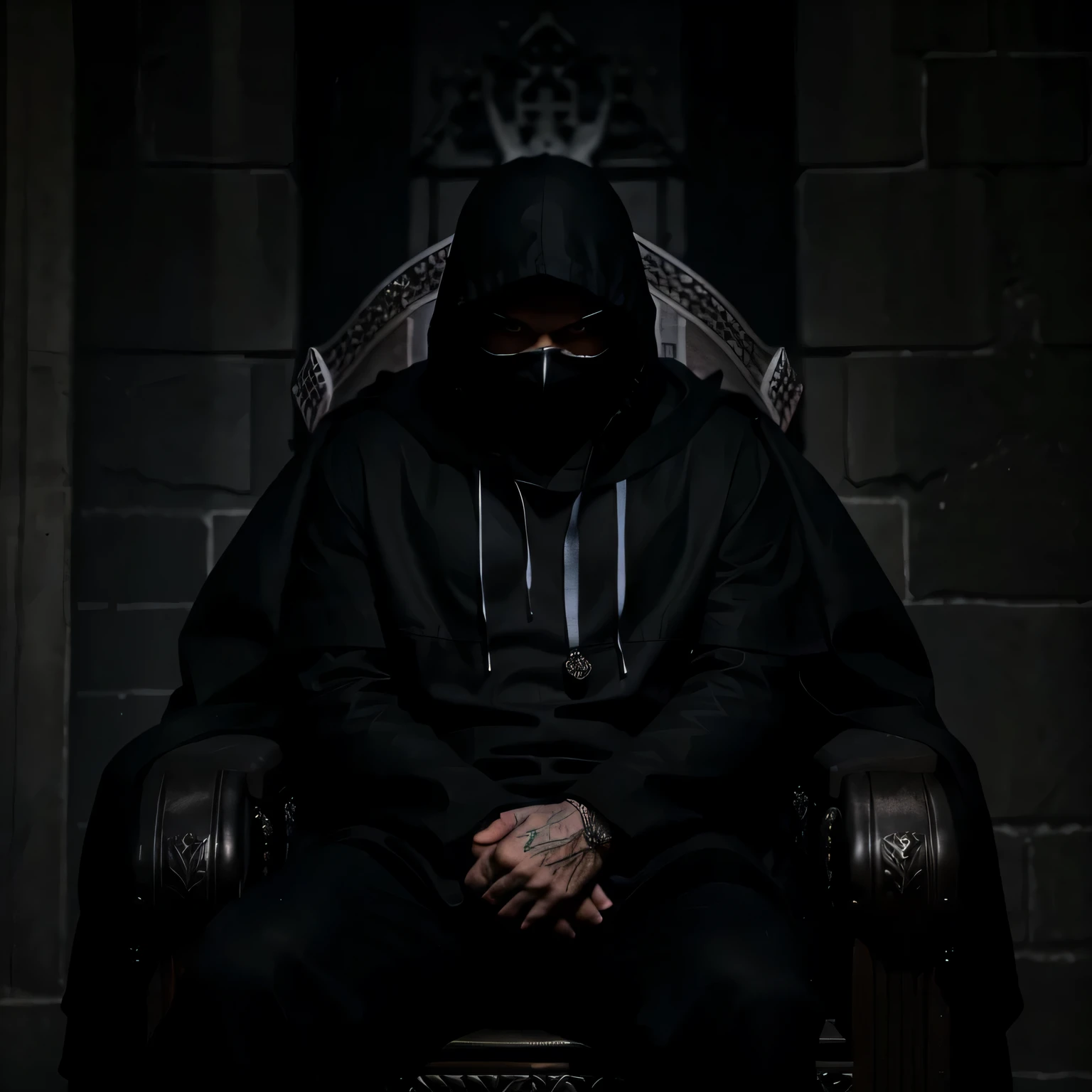 man with dark black hood, neon eyes, with crossed arms, sitting on a dark throne, castles of darkness, money, a lot of money