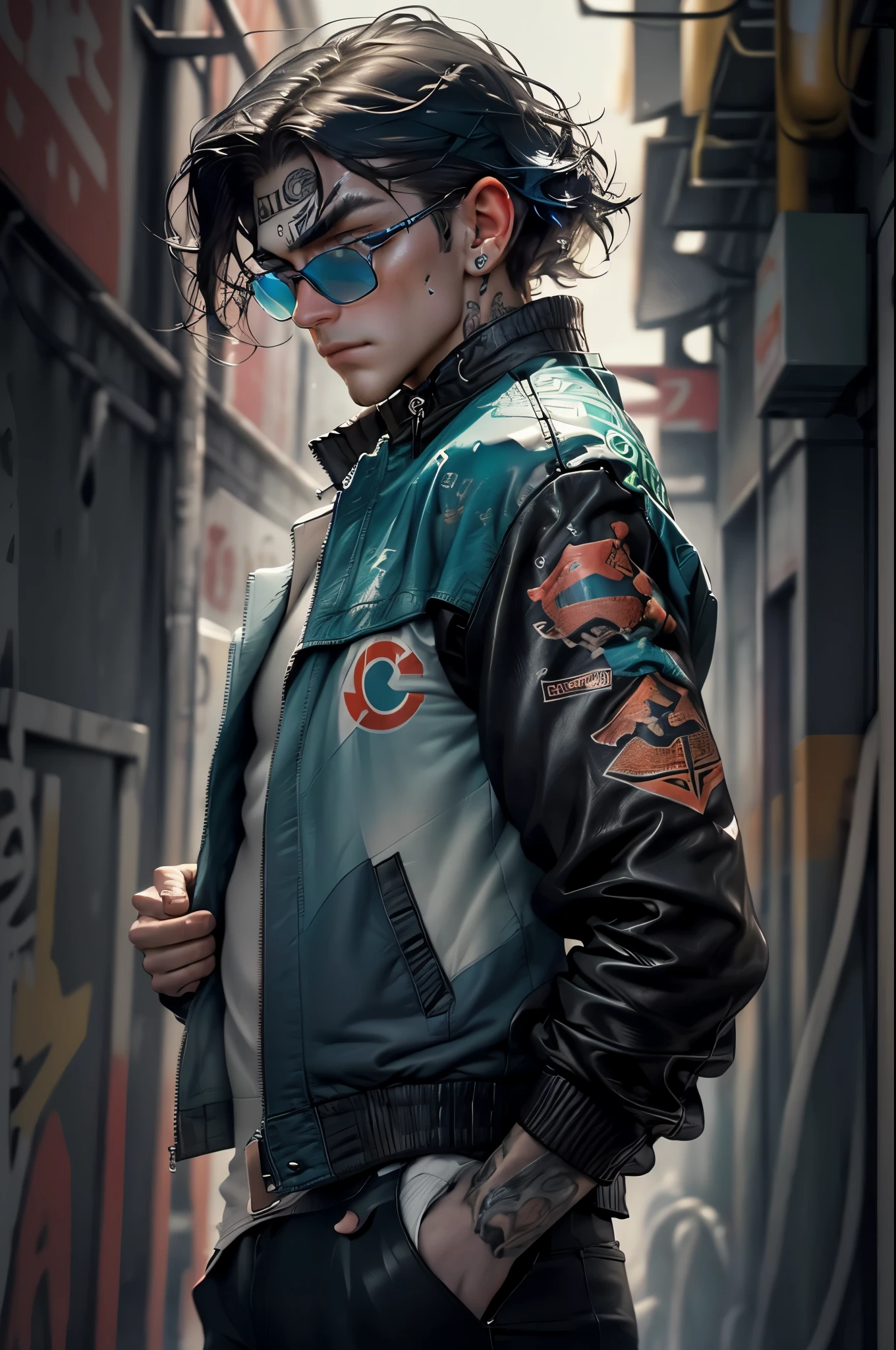 the best possible quality, Ultra-resolution 8K, impressive illustration, The best of everything, award-winning, like being the best, Skin texture: 1.4, super masterpiece, super detailed, Hyper detailed, ((beautiful young man, virile, confident self:1.3)), Cowboy hat:1.4, Leather belt with buckle, weapons in each hand, Action pose Add effect at the end., (Petrol blue leather jacket:1.5), scarf collar length, ( Sunglasses on his head tattoos on the body:1.5), military pants:1.3, ((cyan, brown, black and white colors: 1.5)), background scenery paint stains beautiful colors epic: 1.5, Photorealistic: 1.4 , 32k