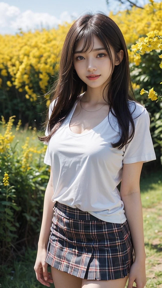 Tabletop, (Top Quality), (Masterpiece) Realistic, realistic, highly detailed, finely detailed, high resolution, 8k wallpaper,,anatomically correct body,symmetrical eyes, one cute girl, （Korean woman: 1.4), (20 years old: 1.4), (Black hair: 1.3), (half up do: 1.4), (Skinny: 1.3), 165cm tall, she is tall,（she is wearing a T-shirt and a tartan mini skirt）, sharp focus, perfect dynamic composition, fine and beautiful eyes, slim body, (Small chest: 1.4), (Small chest: 1.4), (Small chest: 1.4), (Small chest: 1.4), Thin hair, Detailed and realistic skin texture, smiling,,（Full body : 1.4),Summer park, she is sitting on the grass, sitting with her legs crossed,she is wearing sneakers,Bright sunlight