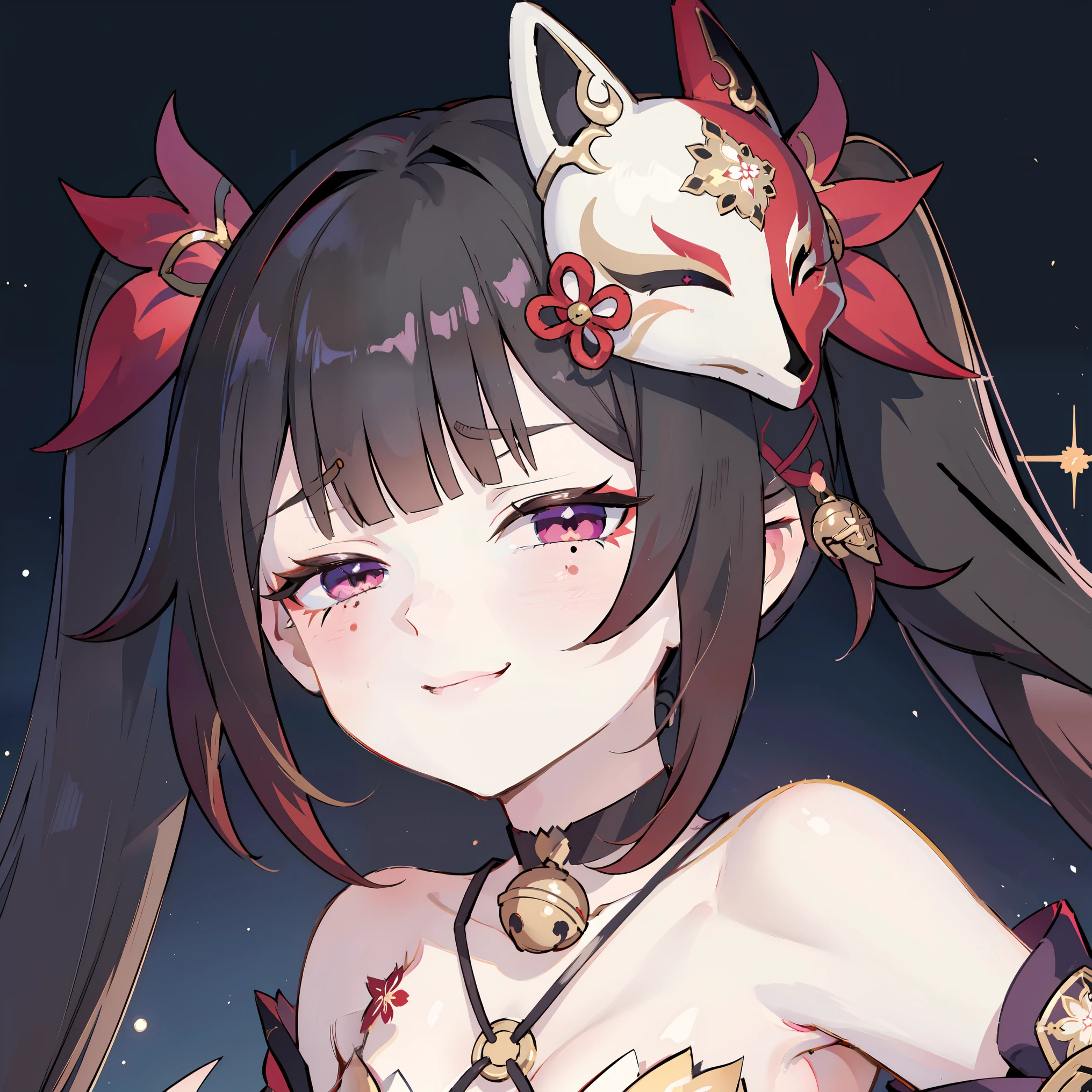 1girl, solo, sparkle \(honkai: star rail\), small breasts, twintails, hair ornament, solo, off shoulder kimono, mask on head, detached sleeves, choker, obi, wristband, criss-cross halter, thigh strap, blush, face closeup, portrait, looking at viewer, gasping, ecstasy, head tilt, arms up, armpits, seductive smile, sharp smile, sharp teeth, smug, black background, masterpiece, best quality