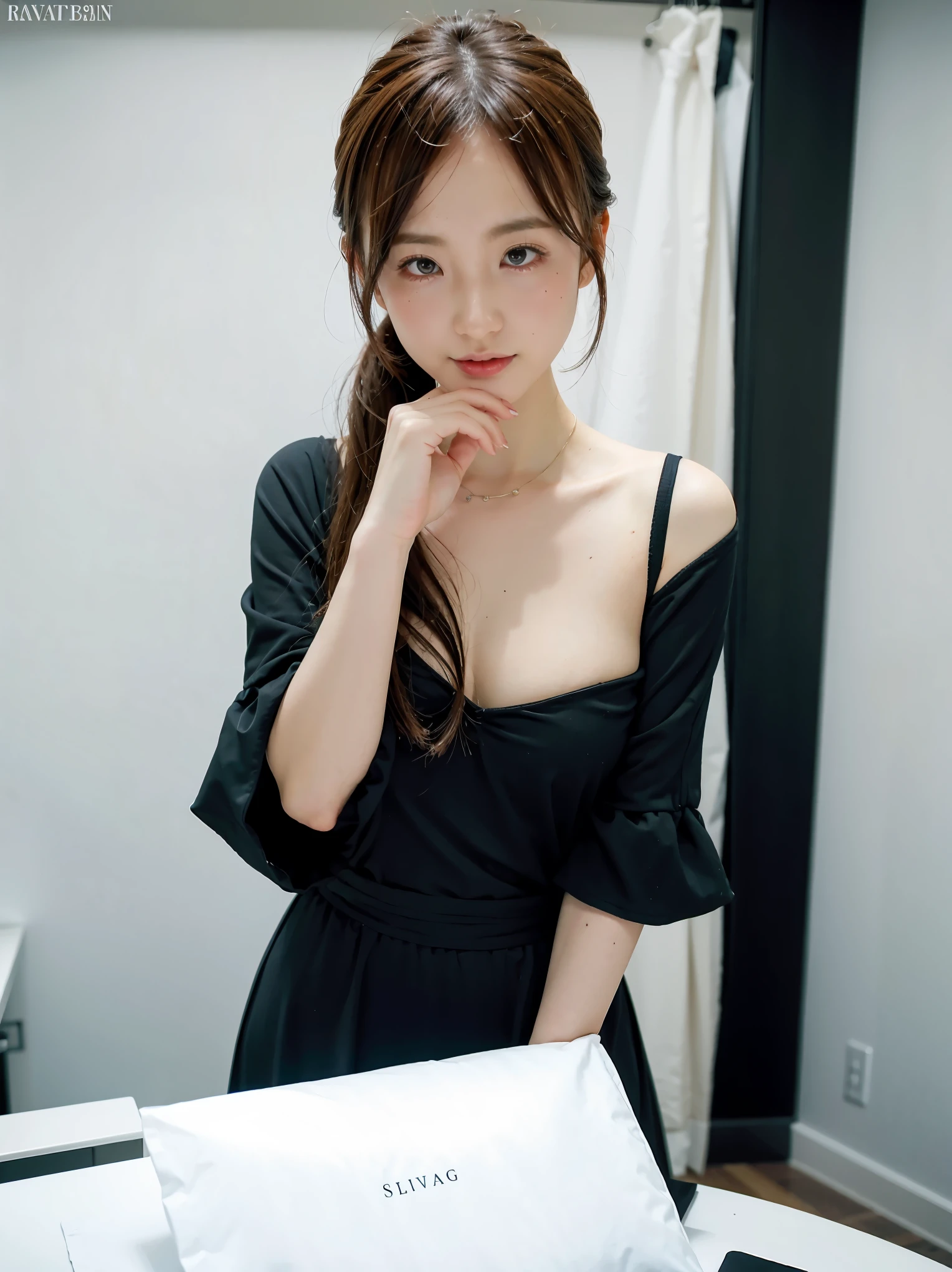 1girl, black random formal dress, white background,