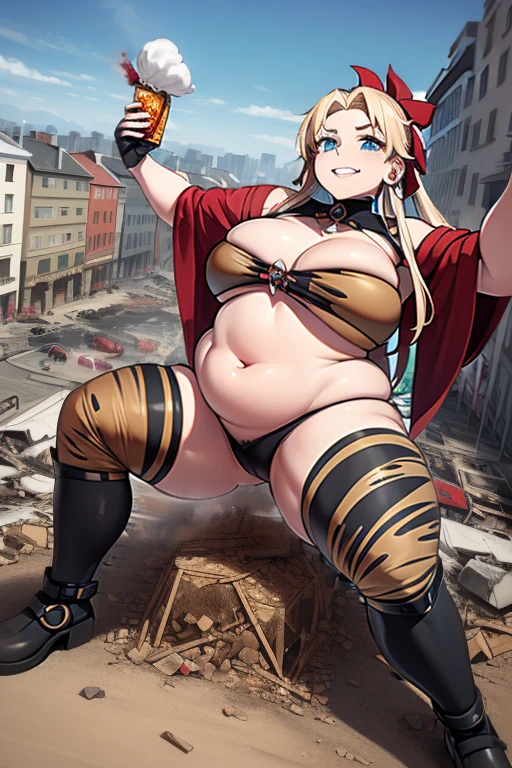 formidable_default en una ciudad destruida, (GTacro, aerial view, de_arriba, (asiento del edificio), ((alboroto)), ((destruction)), desnuda, giganta, piernas cruzadas, (Obra maestra), (high resolution), chubby gordita, Mejor calidad, ((lleno_cuerpo)), huellas, ((gigantic_Pechos)), Frente a_espectador, ancho_disparo, small buildings along the bottom of the frame, abdominales, suelas empapadas de sangre, manchas de sangre, sonrisa afectada, presumido, aplastante, explosion, military vehicle, ereshkigal, milf