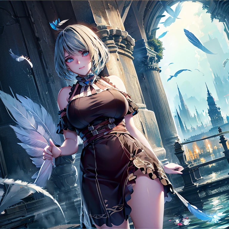 Absurdities, High accuracy,, (1girl, Single), big eyes,, Cityscape,, (Water effects, Lighting effects, Feathers fluttering:1.2),