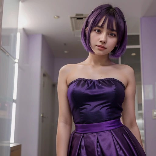 1 teenage woman, beautiful face, wearing a purple strapless dress, Indonesin girl, short skirt, purple hair, purple eyes, facing to the side, looking to the front