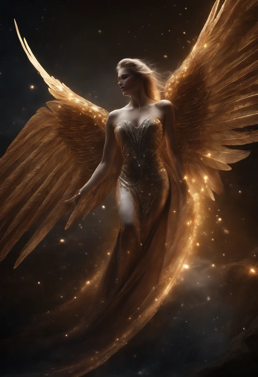 cosmic fallen angel, olhos claros brilhantes, Biomechanics, estranho, repugnante, de pesadelo, Cores muito brilhantes, light particles, com luz brilhando, Mshiff, arte de papel de parede, Papel de parede UHD