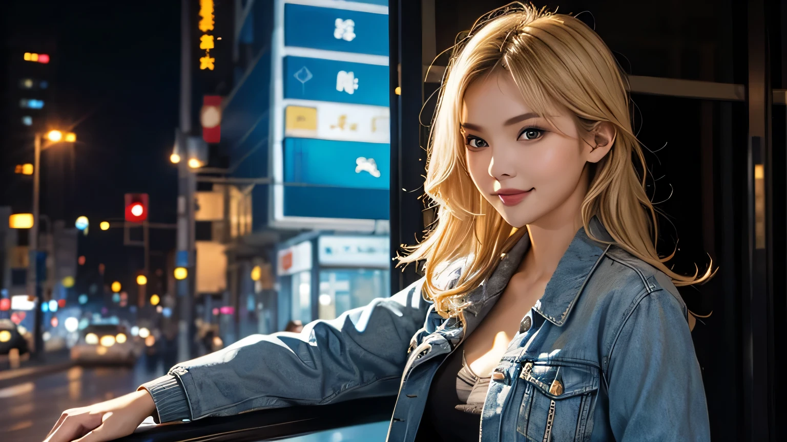 ChristiaAOT, 1girl, solo, maria ozawa, smile, hair between eyes, blue eyes, blonde hair, jacket, medium hair,