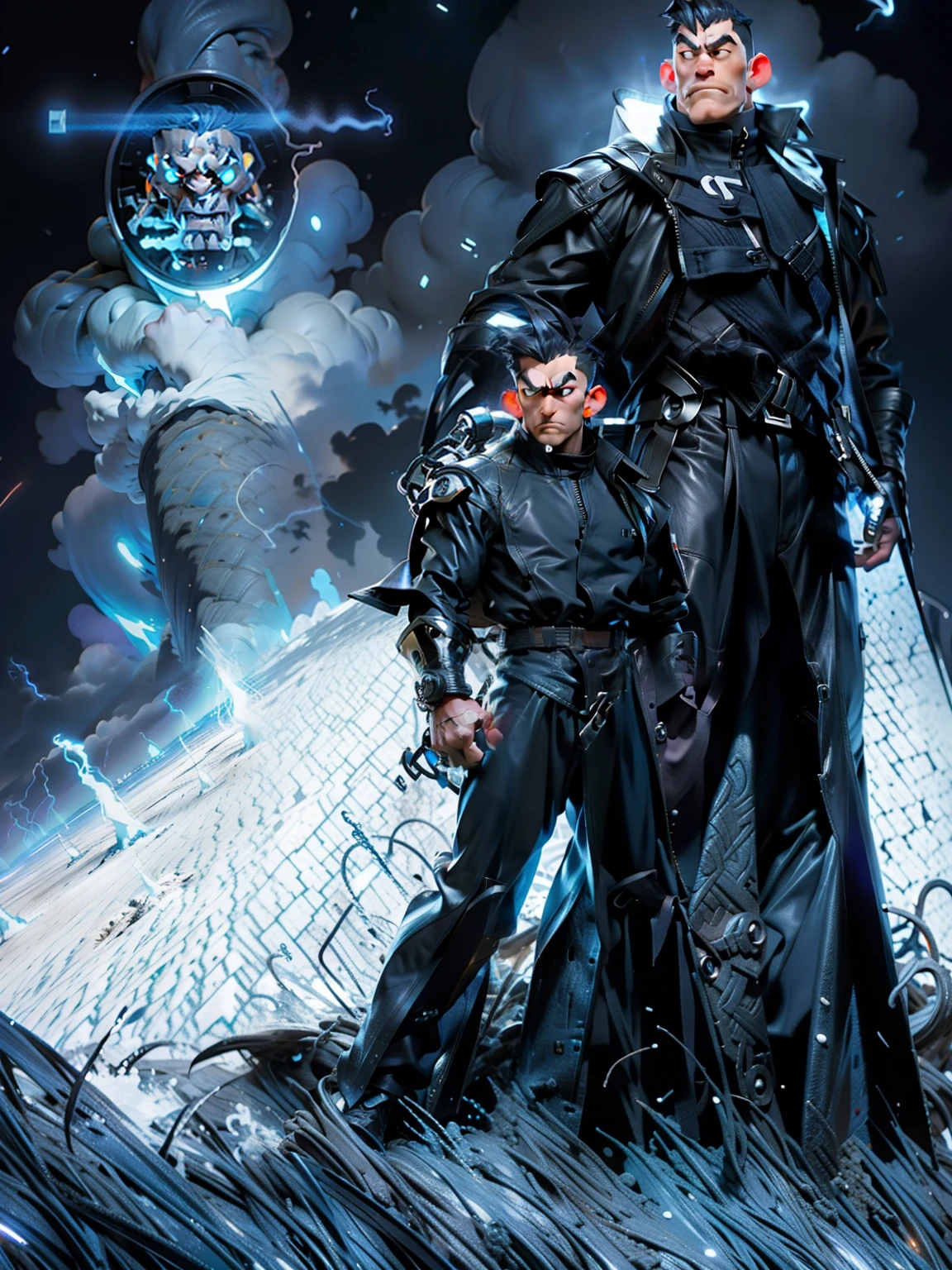 Full body shot, japanese comic male character, short flat top hair, muscular, wearing full black blazer and flowing leather trench coat, standing front with hand crossed pose, black cloud sky, sc3D 12K resolution of style character in detailed full body, electric strike on shoulder and arm, dark cloud background, highly detailed, vibrant, ultra high quality, Hyperrealism, Photorealism, Ocean, storm, lightning