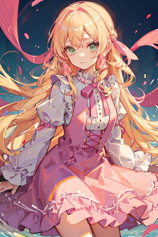 blonde　Wavy Long Hair　pink ribbon　green eyes　pink dress　Lady