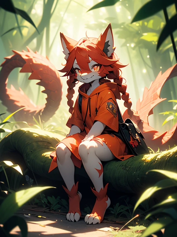 (masterpiece), best quality, warm lighting, looking at viewer, ((anthro:1.2)), ((red dragon girl)), scalie, ((cute anthro red dragon girl)), ((red twin braids)), orange eyes, slit pupils, chibi, green tattered dress with a hood, sitting on ground, legs spread, smile, forest, feet