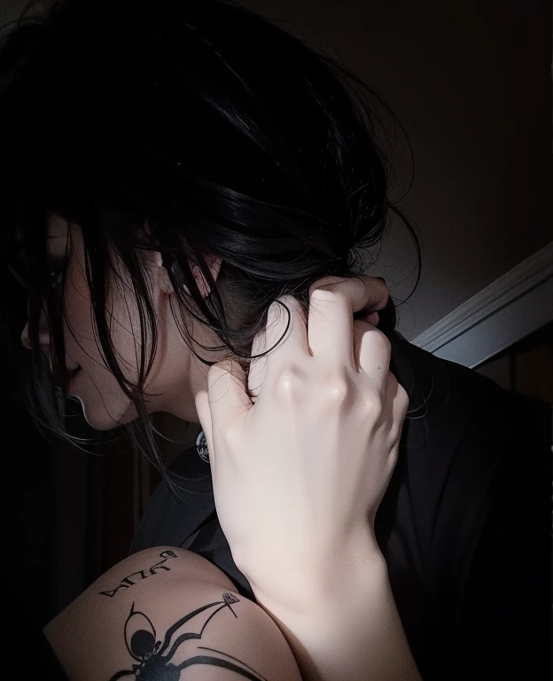 Arafed woman with a spider tattoo on her arm., llevando sus manos a su cara, manos en su cabello. vista lateral, con las manos en el pelo, dark wave gothic aesthetic, Melancholic!!, pelos oscuros, pelo sobre la cara, Chico emo con orejas y cola de gato., el sentimiento de pavor, PELO NEGRO DESCONECTADO, manos en su cabello