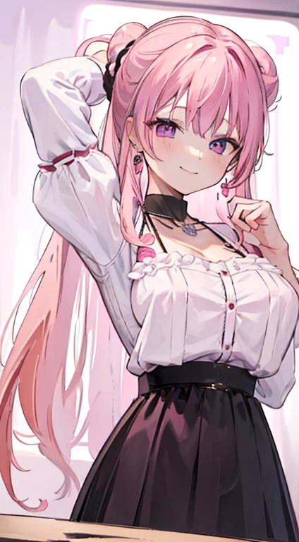 (8K、best image quality、highest quality、masterpiece)、detailed face、1 girl、pink haired、((long hair))、pink eyes、earrings、with an evil smile、big and full breasts、(white shirt)、、necklace、((removed button))、cleavage、short sleeve、Scrunchie on the right wrist、Black Mini Pleated Skirt、thighs、cowboy shot、school background