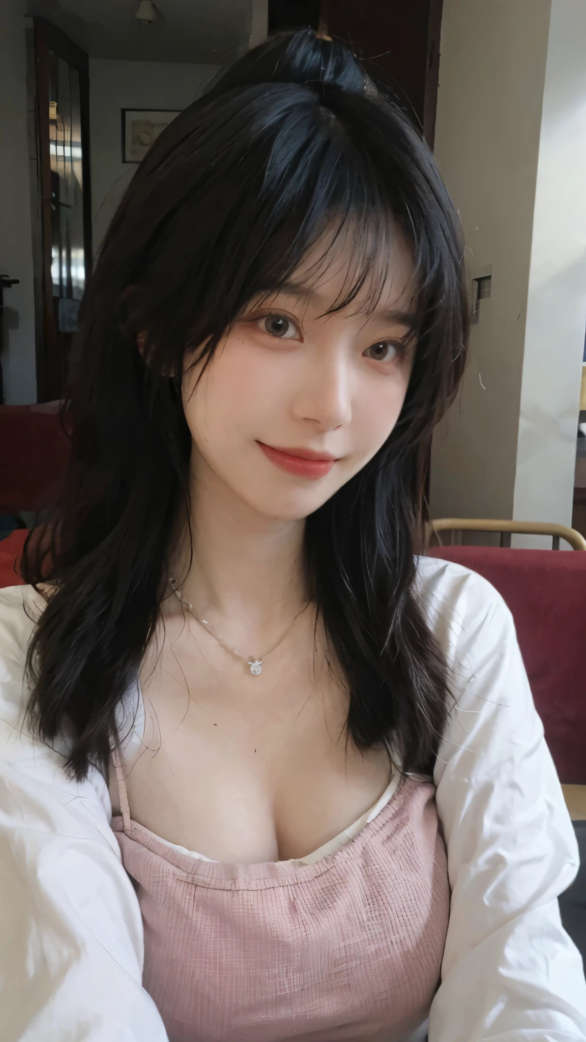 best quality， ultra high resolution， （realistically：1.4），cute hairpin，Baoyu Girl，European style apartment，A pair of clear and charming peach blossom eyes,Royal sister，The sun shines on the face，big breasts，Big wavy hairstyle，（necklace：1.2），（White skin：1.4），a sense of atmosphere，a beautiful girl， Smile，looking directly at the viewer， (lifelike:1.4),1 girl,Sexy,(Upper body:1.4),(wet),(:1.2)