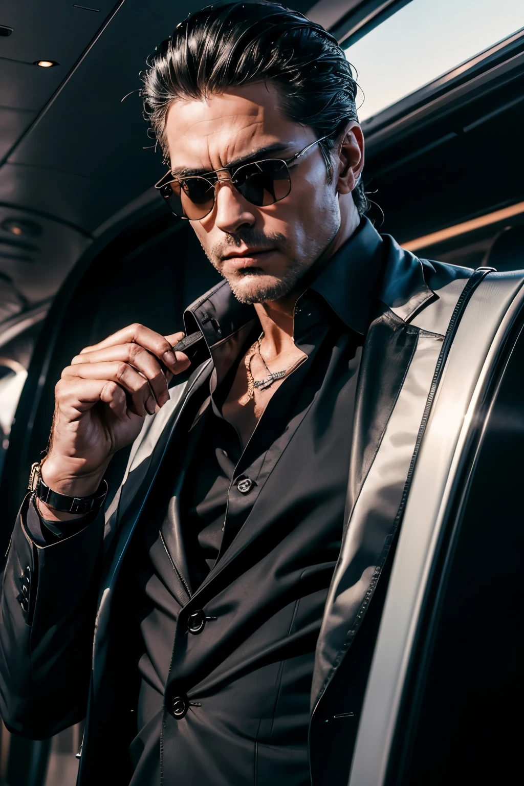a man getting out of a private jet wearing a black suit an expensive watch and sunglasses, slicked back hair, 8k, best quality