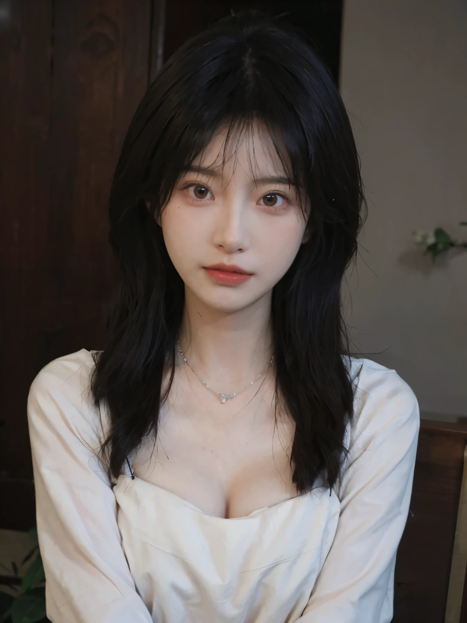 best quality, ultra high resolution, (realistically:1.4),cute hairpin,Baoyu Girl,Standing in the wedding hall,(flat chest:1.2) ,A pair of clear and charming peach blossom eyes,Royal sister,The sun shines on the face,Big wavy hairstyle,(necklace:1.2),(White skin:1.4),a sense of atmosphere,a beautiful girl,looking directly at the viewer, Close-up cleavage ,(lifelike:1.4),1 girl,Sexy,(Upper body:1.4),(wet),(:1.2)