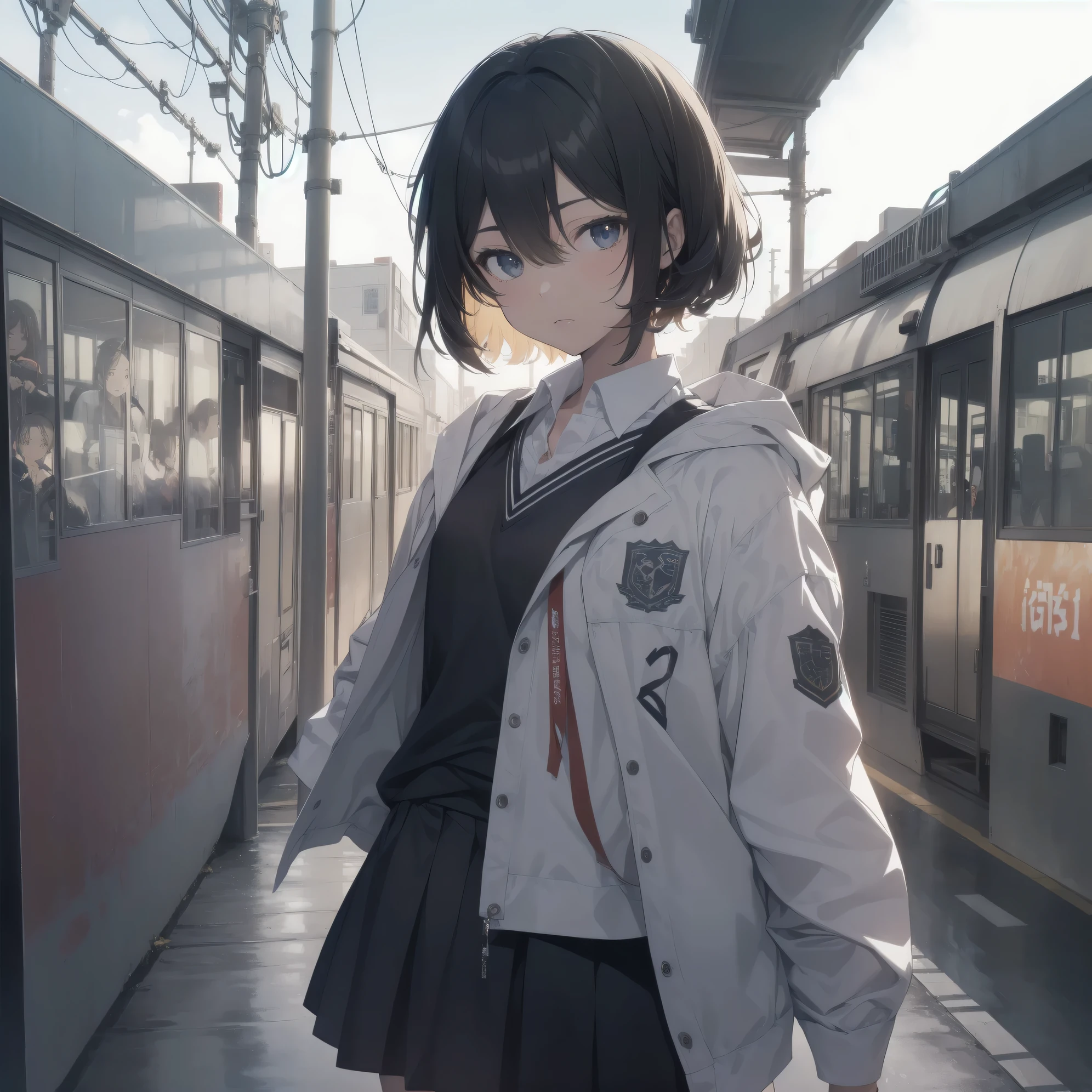 ultra-absurdres-Top quality by artist God, ultra-detailed, high resolution, anime moe artstyle, best anime 8k konachan wallpaper, pixiv contest winner, perfect anatomy,break, 1girl, (Please draw a girl walking sleepily to school alone. )break,(Solo,little female, 13-year-old:1.3),Full limbs, complete fingers,a junior high school student, Attractiveness of immature bodies, (very short hair), short cut, flat chest, , small butt, small black eyes, beautiful detailed eyes, well-proportioned iris and pupils, expressive eyes, highres detailed hair, soft expression, school_uniform, white shirt, pleated skirt,(Detailed Lighting), (Detailed background), in the School commute route. break,super detailed skin, Best cinematic lighting powered by famous artist, 8k,beauty illustration,photoshop_(medium),very aesthetic,break,((artist:fujiyama )), artist:akinashi_yuu ,artist:oyari_ashito ,artist:kantoku ,