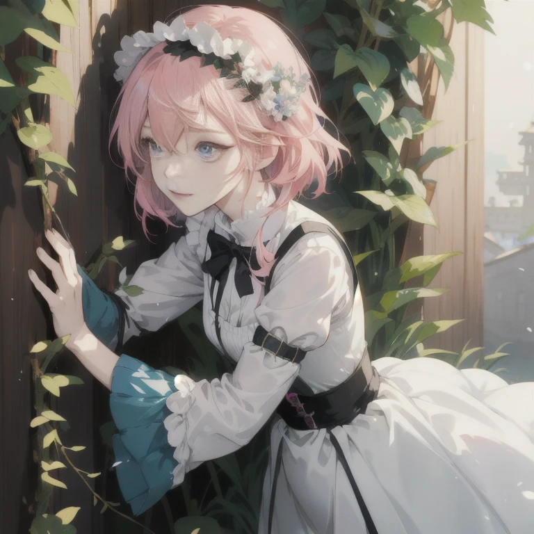 anime girl with pink hair and a white dress leaning against a wall, artwork in the style of guweiz, guweiz, guweiz on pixiv artstation, guweiz on artstation pixiv, a maid in a magical forest, guweiz masterpiece, best anime 4k konachan wallpaper, cute anime waifu in a nice dress