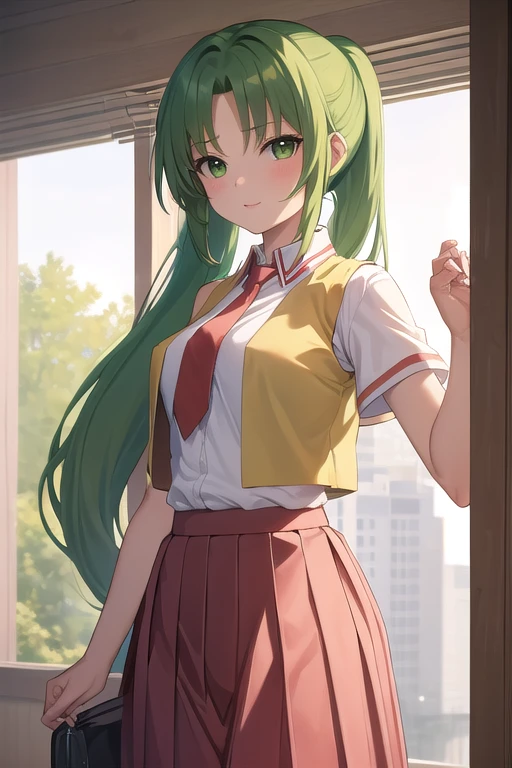 masterpiece, highest quality, Super detailed, 1 girl, Mion Sonozaki, green hair, green eyes, ponytail, white shirt, red tie, yellow vest, red skirt,