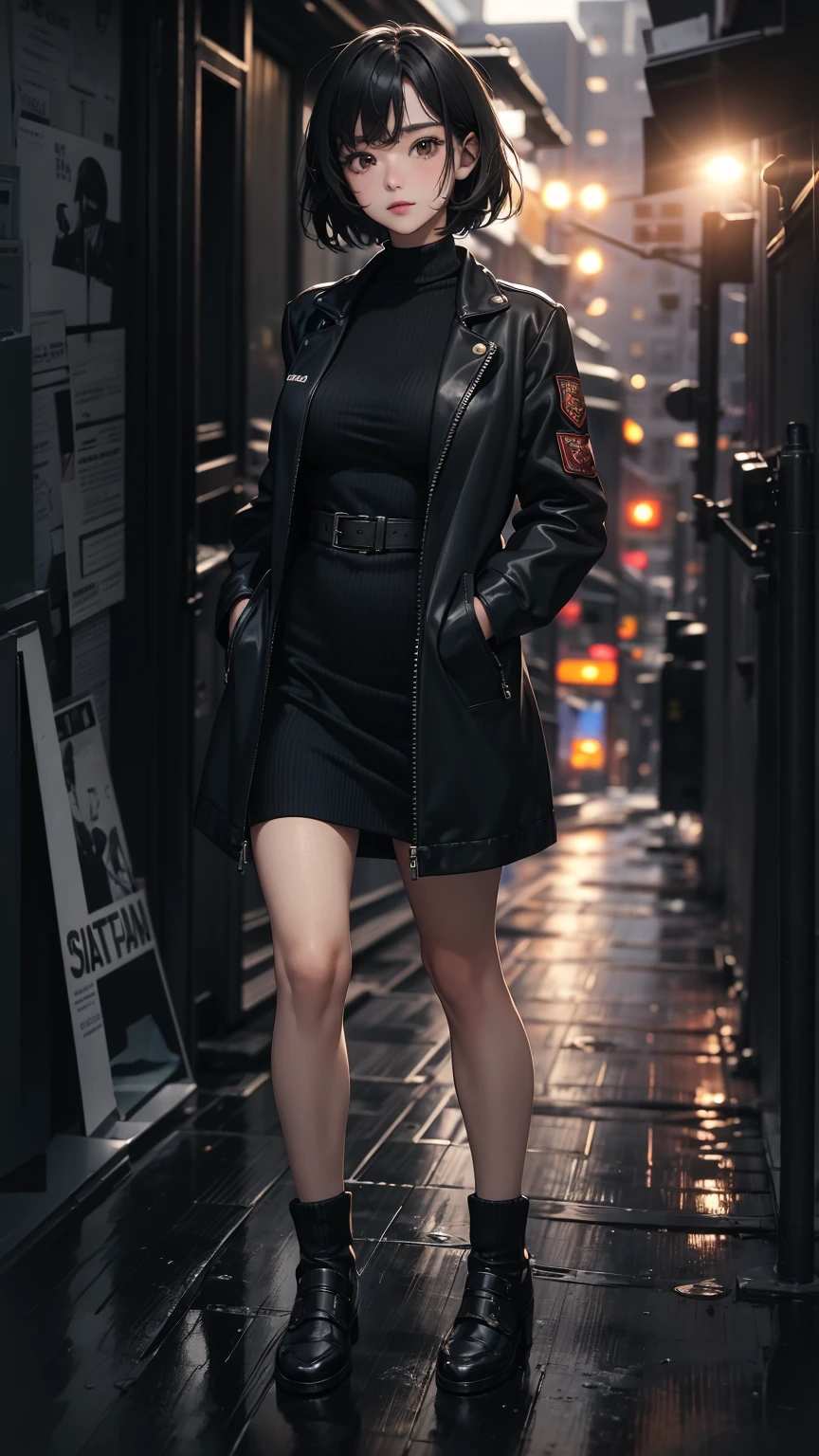 ((Highly detailed CG unit 8k wallpaper, masterpiece, High resolution, highest quality, highest qualityのリアルテクスチャスキン)), ((Hands in pockets pose:1.5, Light steps:1.2, A cool NY fashion girl influenced by nostalgic and inorganic mode fashion., detailed costume:1.4, fine embroidery, Military jacket and knit sweater dress combination:1.3, Asymmetrical short hair, Nana Komatsu)), (((blurred background, An empty back alley in New York))), Close-up, hyper realistic, digital painting, concept art,
