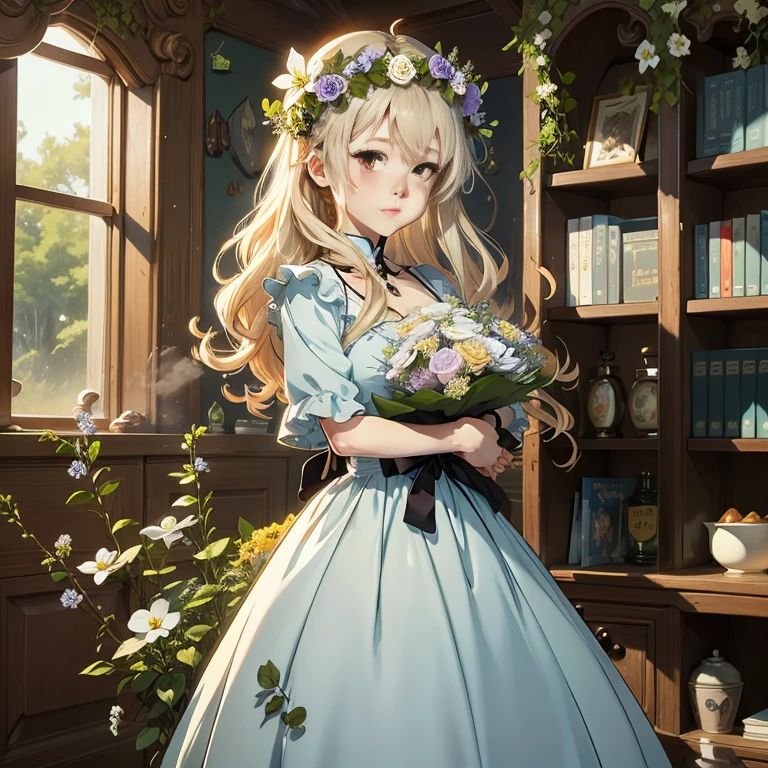 anime girl in a blue dress holding a bouquet of flowers,  in dress, cute anime waifu in a nice dress, a maid in a magical forest, guweiz on pixiv artstation, portrait of lolita, beautiful anime portrait, anime visual of a cute girl, violet evergarden, ethereal anime, beautiful anime girl, guweiz on artstation pixiv