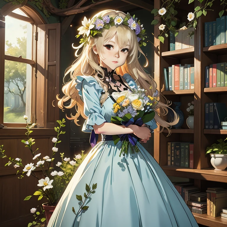 anime girl in a blue dress holding a bouquet of flowers, in dress, cute anime waifu in a nice dress, a maid in a magical forest, guweiz on pixiv artstation, portrait of lolita, beautiful anime portrait, anime visual of a cute girl, violet evergarden, ethereal anime, beautiful anime girl, guweiz on artstation pixiv