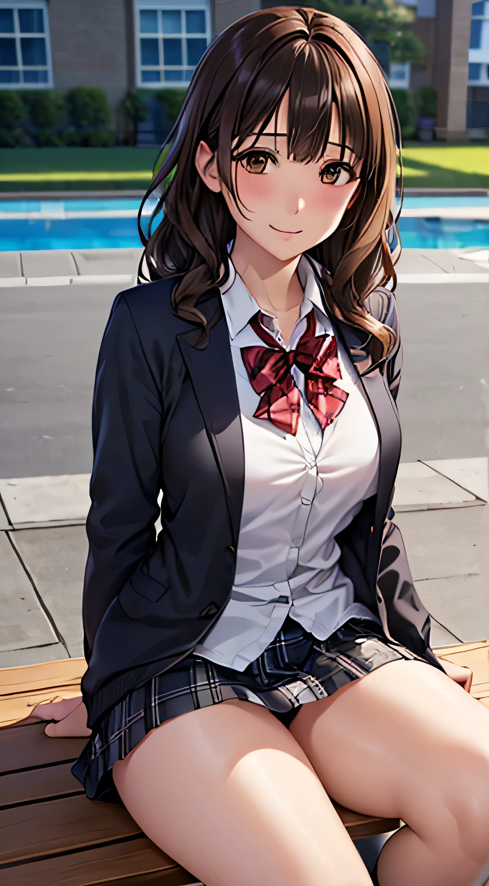 (table top, highest quality, High resolution, , perfect pixel, 4k,), 1 girl, single, alone, Beautiful woman、I could see the whole body、 ((wavy middle hair, bangs, brown hair)), ((brown eyes, beautiful eyelashes, realistic eyes)), ((detailed face, blush:1.2)), ((smooth texture:0.75, realistic texture:0.65, realistic:1.1, Anime CG style)), medium breasts, dynamic angle, perfect body, ((red bow tie, , black jacket, open jacket,cardigan, white shirt, black skirt, shirt unbuttoned、plaid skirt)), upper grade、shy smile、school poolside、evening、sit on a bench、(open your legs、get down on one knee、、pink floral lace panties)、