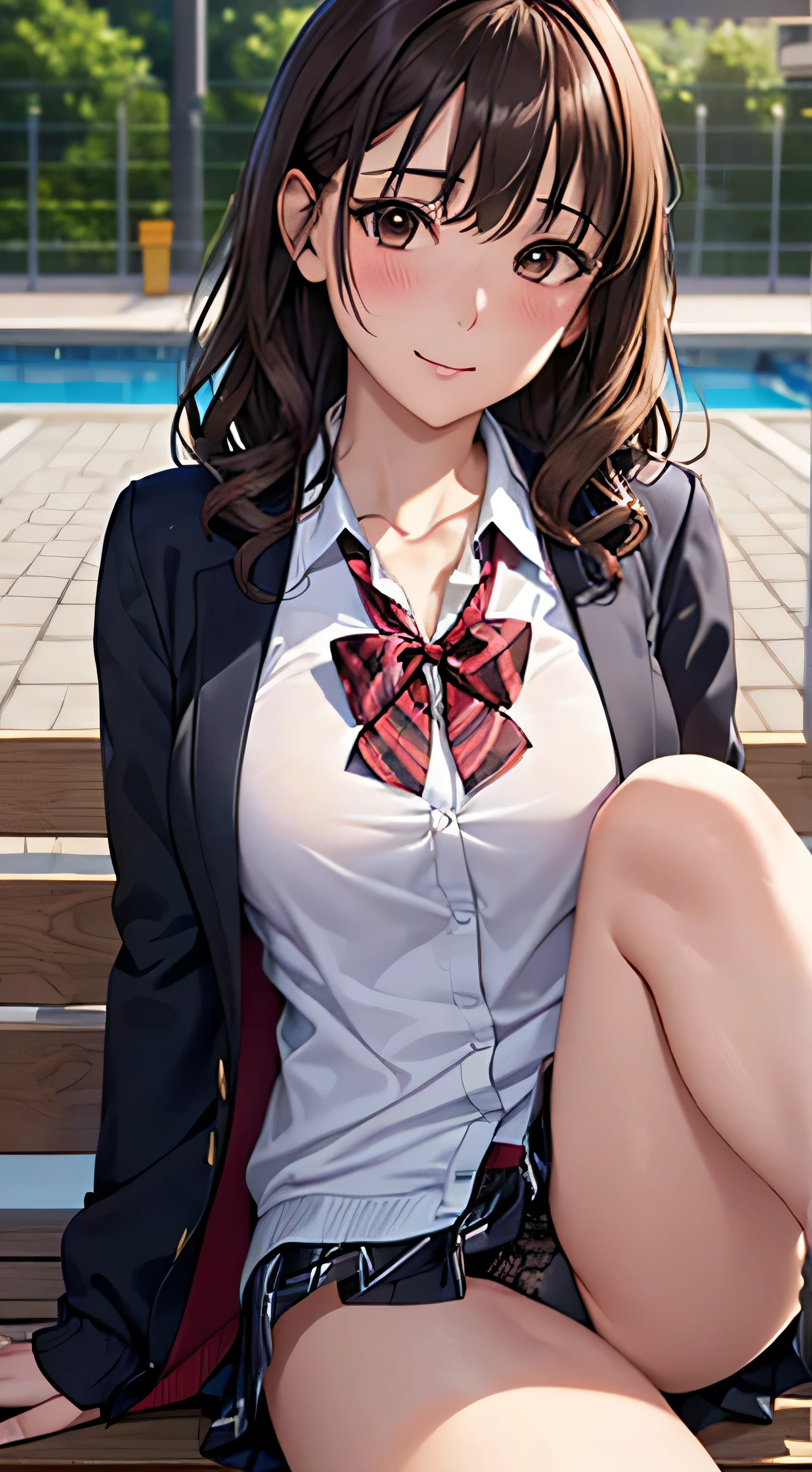 (table top, highest quality, High resolution, , perfect pixel, 4k,), 1 girl, single, alone, Beautiful woman、I could see the whole body、 ((wavy middle hair, bangs, brown hair)), ((brown eyes, beautiful eyelashes, realistic eyes)), ((detailed face, blush:1.2)), ((smooth texture:0.75, realistic texture:0.65, realistic:1.1, Anime CG style)), medium breasts, dynamic angle, perfect body, ((red bow tie, , black jacket, open jacket,cardigan, white shirt, black skirt, shirt unbuttoned、plaid skirt)), upper grade、shy smile、school poolside、evening、sit on a bench、(open your legs、get down on one knee、、pink floral lace panties)、