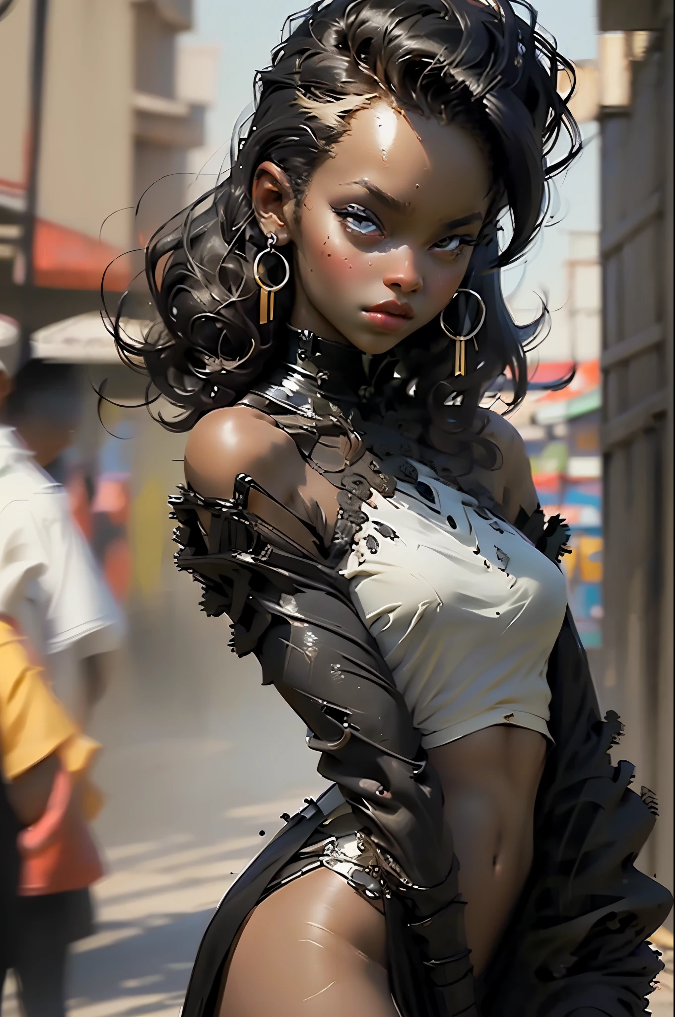 (photo from the front, dynamic and sensual pose), ((1 beautiful young African-American girl with dark and beautiful skin, black hair, anime style hairstyle, Animagine XL style clothes: 1.5)), dynamic pose shopping on a busy street, (Hyper detailed: 1.3), ((evening light: 1.3)), ((Imaginative scene)), ((long shot: 1.4)),((Best quality)), ((work master)), 3d, (( (sunset:1.2))), ((Front camera)), 32k .