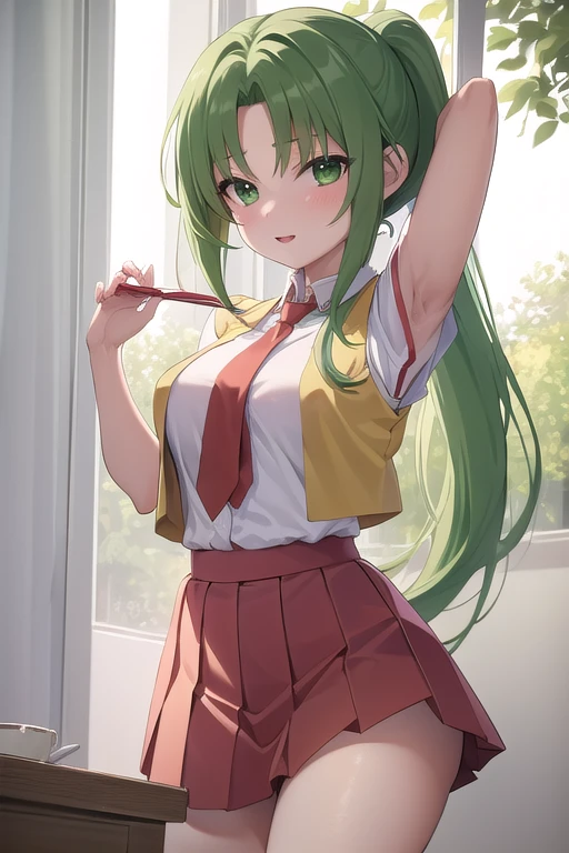 masterpiece, highest quality, Super detailed, 1 girl, Mion Sonozaki, green hair, green eyes, ponytail, white shirt, red tie, yellow vest, red mini skirt,thighs