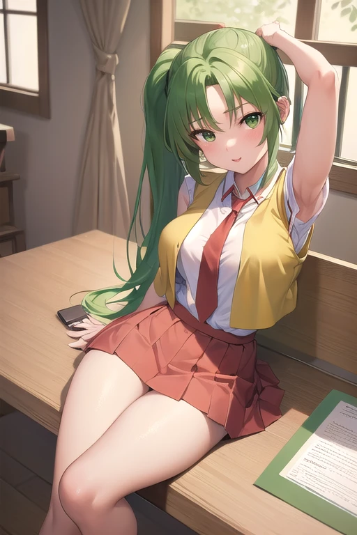 masterpiece, best quality, ultra-high-detailed, 1girl, 2boys, double penetration, multiple penises, from behind, anal, Mion Sonozaki, green hair, green eyes, ponytail, white shirt, red necktie, ((yellow vest)), red skirt,