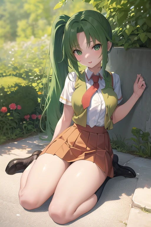 masterpiece, highest quality, Super detailed, 1 girl,  Mion Sonozaki, green hair, green eyes, ponytail, white shirt, red tie, yellow vest, red mini skirt,thighs、full body shot