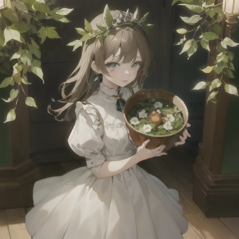 anime girl in white dress holding a bowl of food in front of a door, anime visual of a cute girl, official art, kawacy, cute anime waifu in a nice dress, guweiz on pixiv artstation, high detailed official artwork, official artwork, rin, splash art anime , a maid in a magical forest